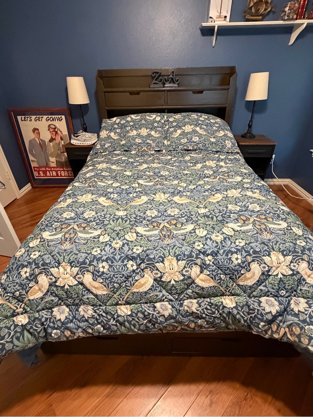 Full/Queen William Morris & Co Blue Green Bird Comforter w/ 2 Shams EUC